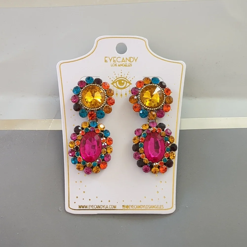 Eye Candy LA Multicolored Glass Crystal Mini Cascade Drop Earrings Pink Yellow